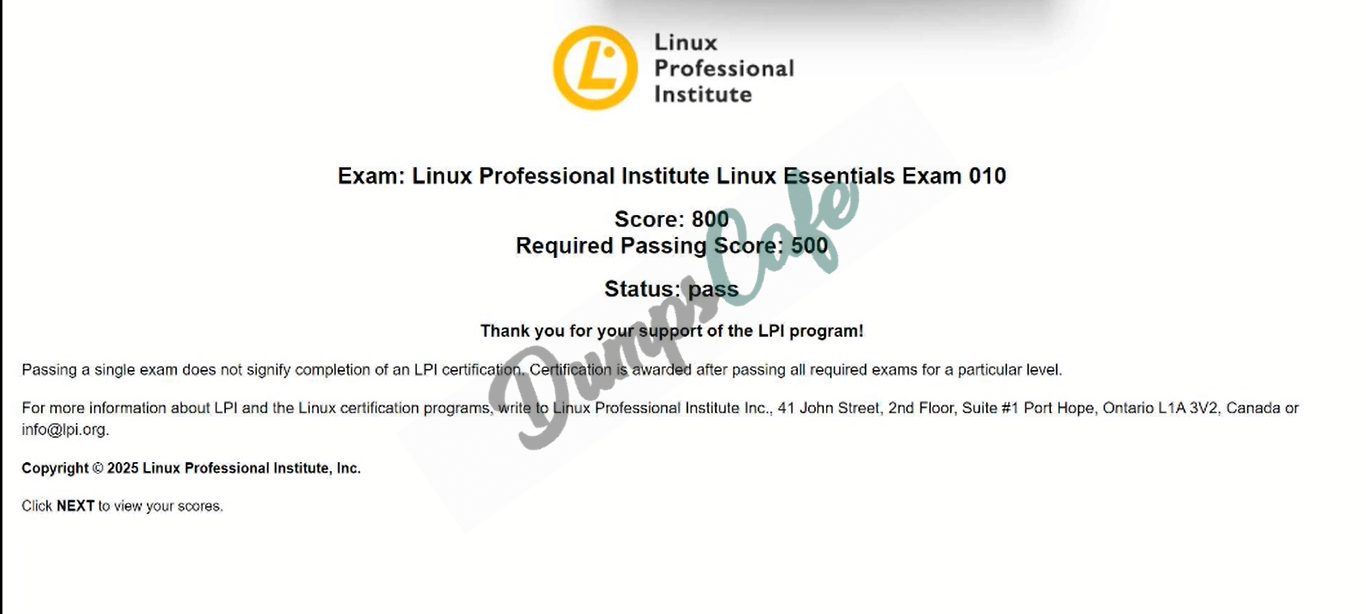 Real exam score card with a passing 010-160 grade 1