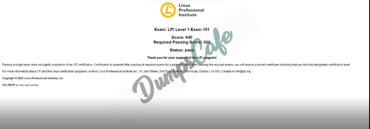 Real exam score card with a passing 101-400 grade 1
