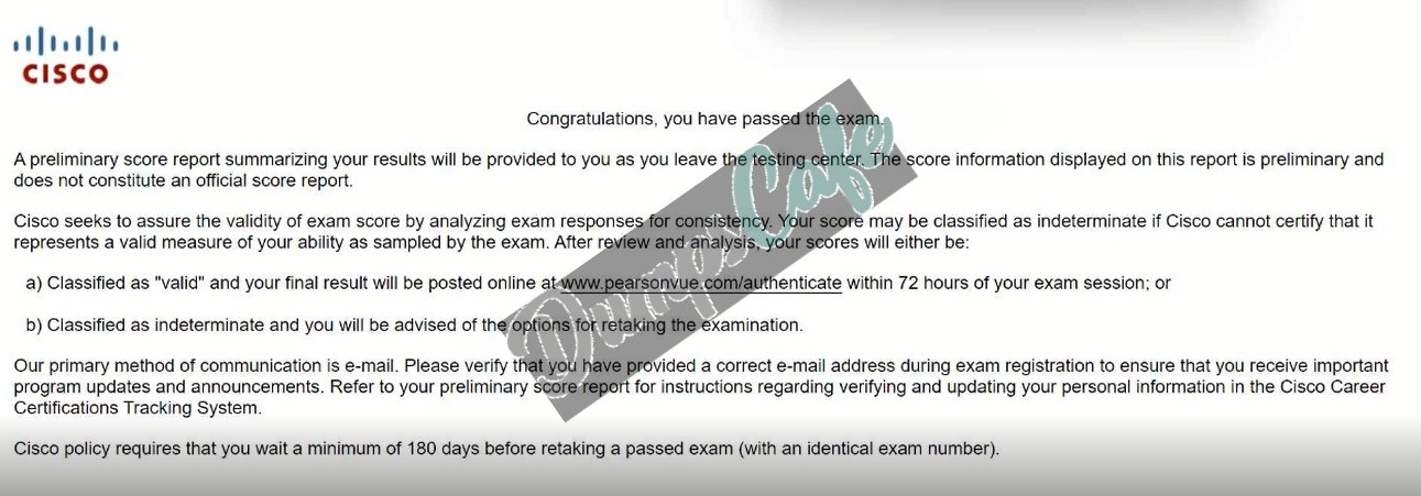 Real exam score card with a passing 200-301 grade 3