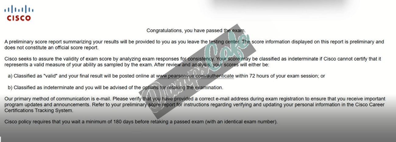 Real exam score card with a passing 200-301 grade 2