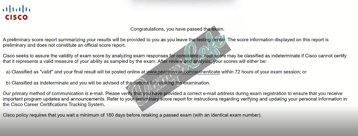 Real exam score card with a passing 200-301 grade 1