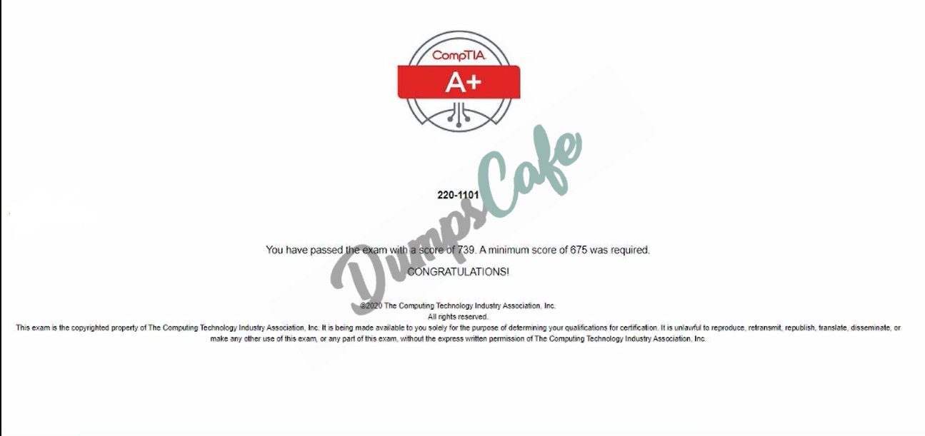 Real exam score card with a passing 220-1101 grade 2