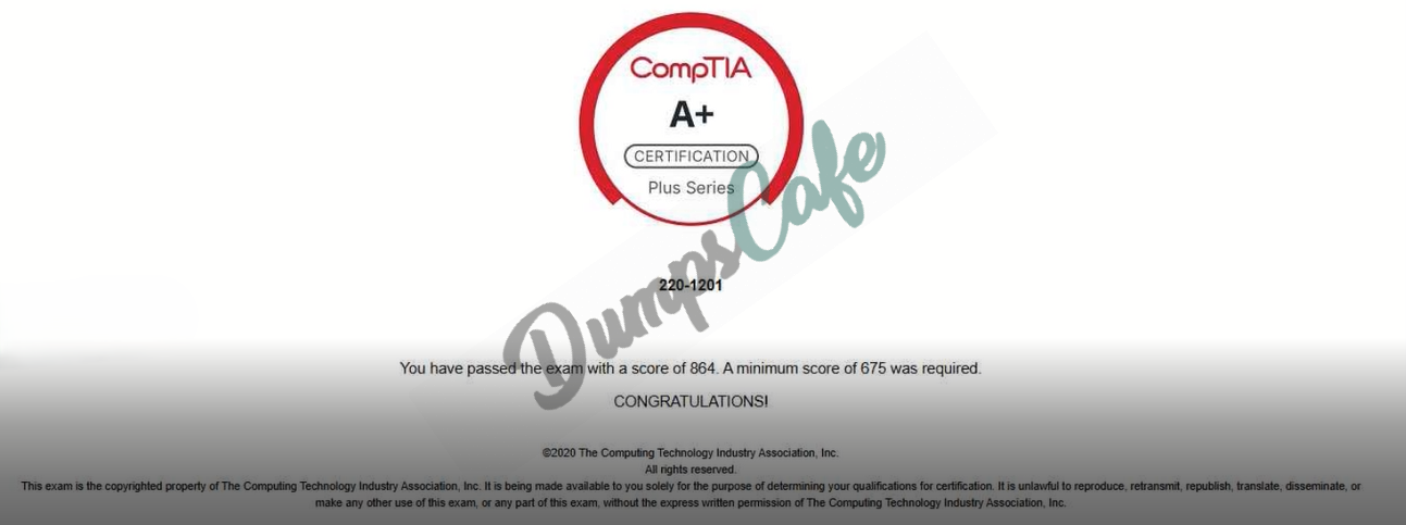 Real exam score card with a passing 220-1201 grade 1