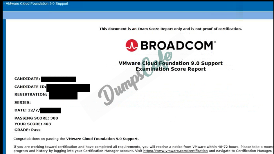 Real exam score card with a passing 2V0-15.25 grade 1