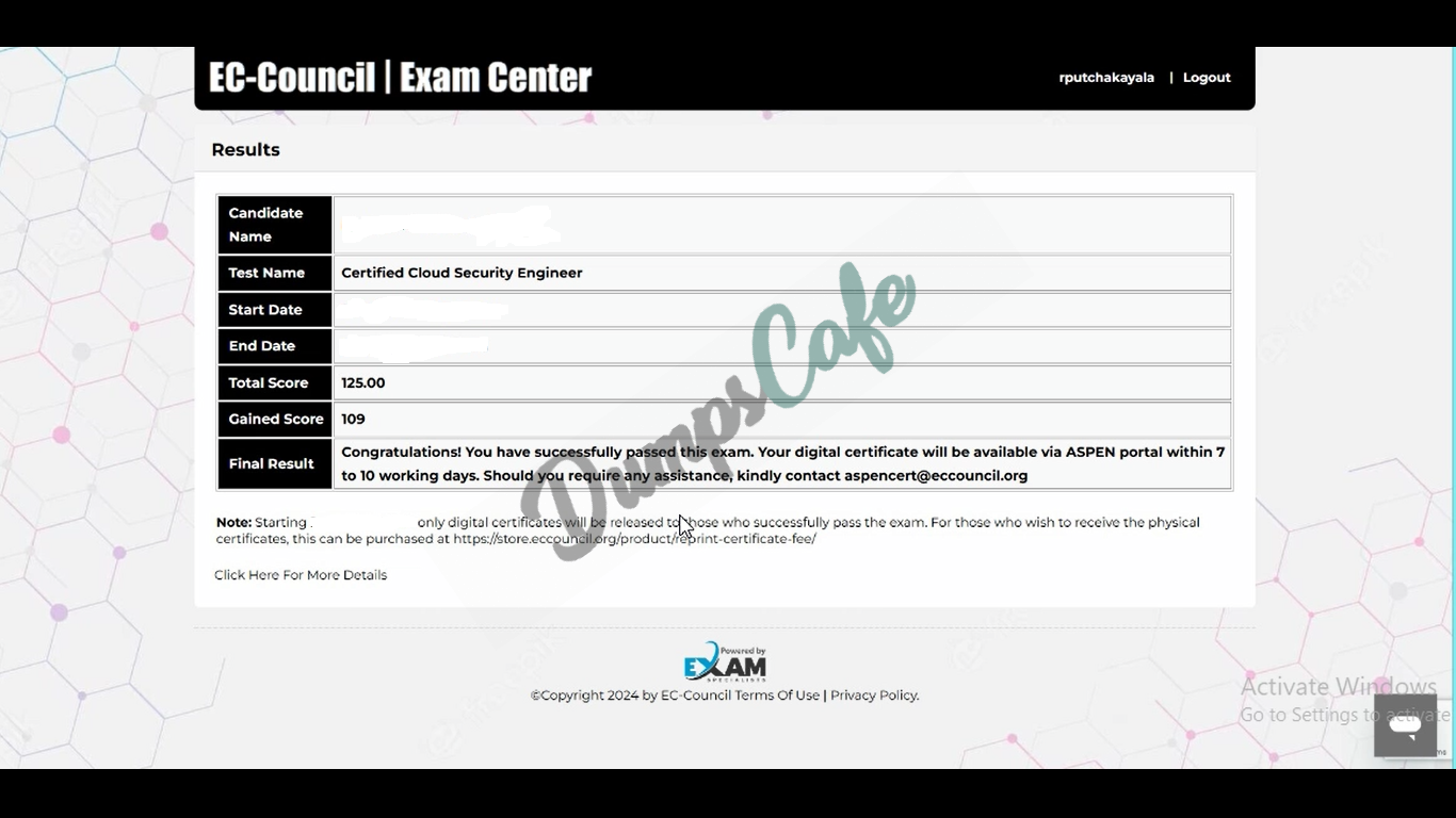 Real exam score card with a passing 312-40 grade 1