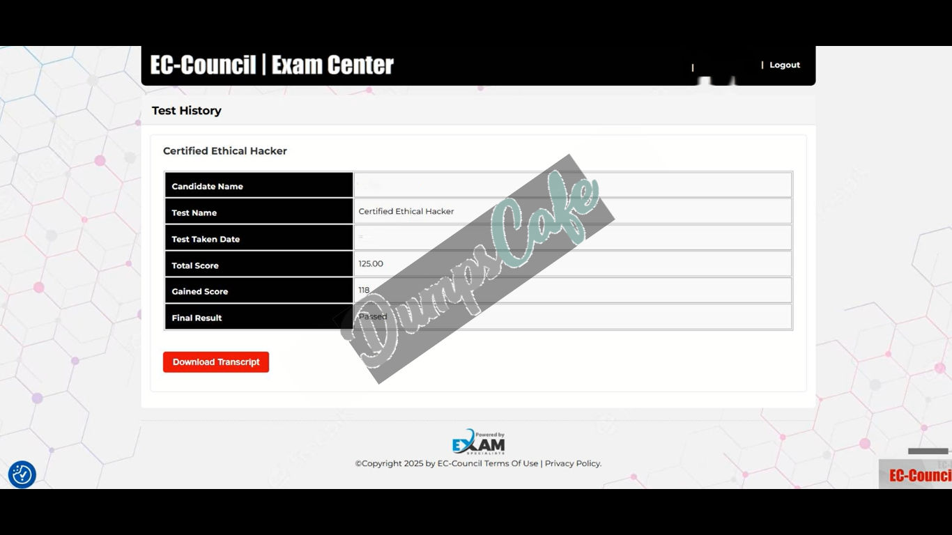 Real exam score card with a passing 312-50v11 grade 1