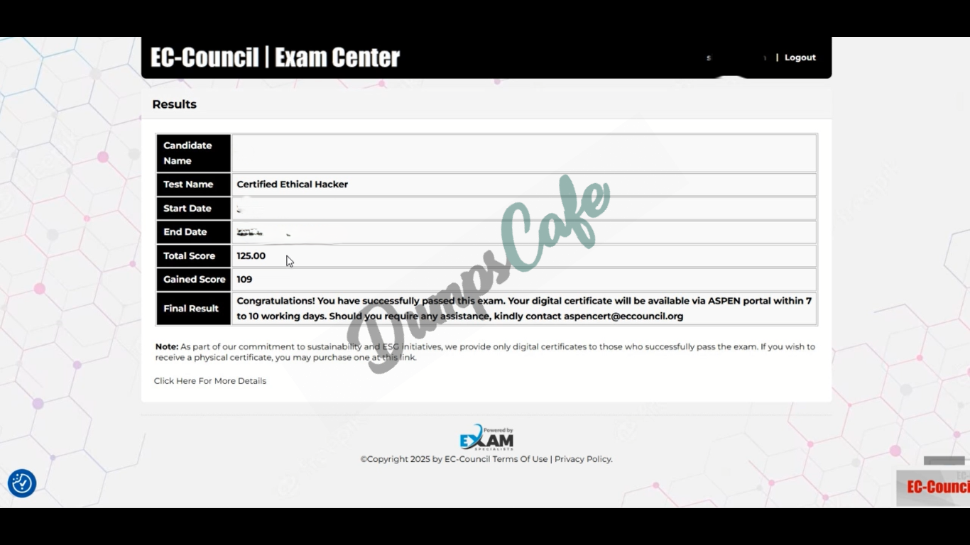 Real exam score card with a passing 312-50v12 grade 1