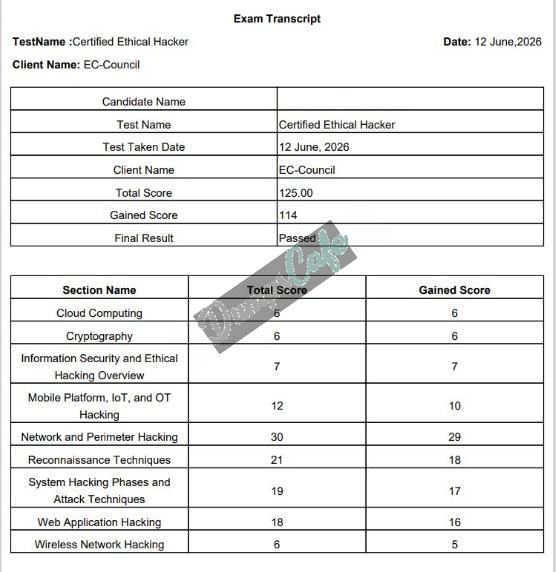 Real exam score card with a passing 312-50v13 grade 1