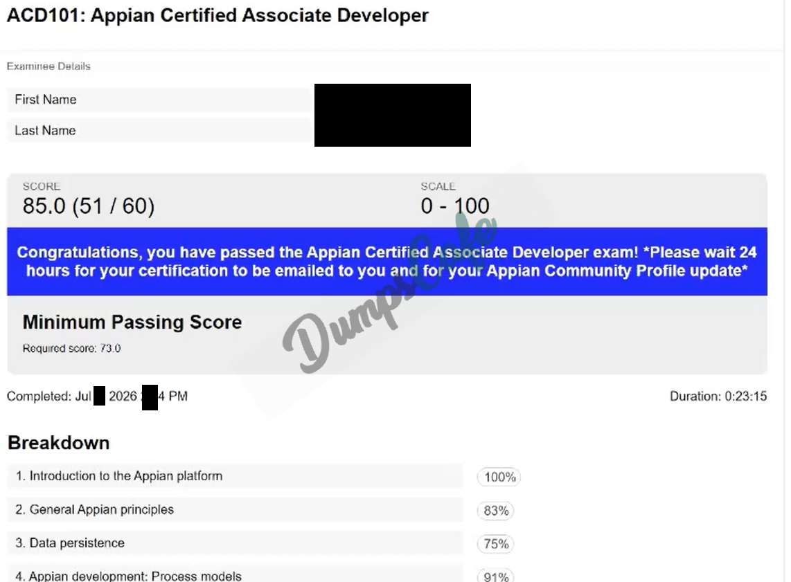 Real exam score card with a passing ACD101 grade 1