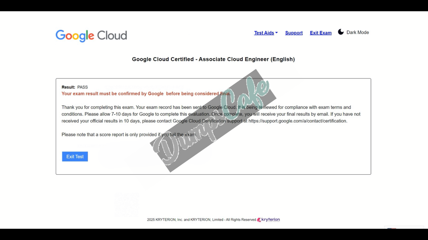 Real exam score card with a passing Associate-Cloud-Engineer grade 1
