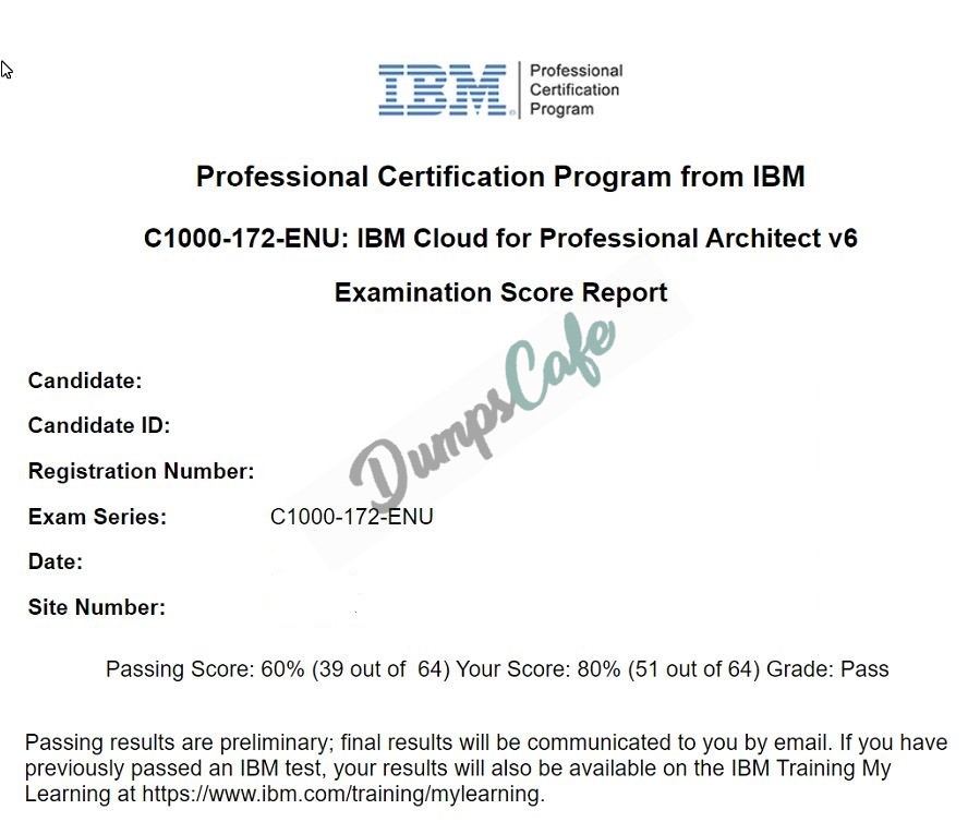 Real exam score card with a passing C1000-172 grade 1