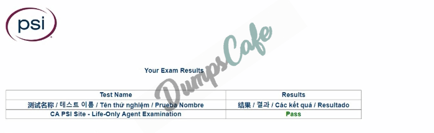 Real exam score card with a passing CA-Life-Accident-and-Health grade 1