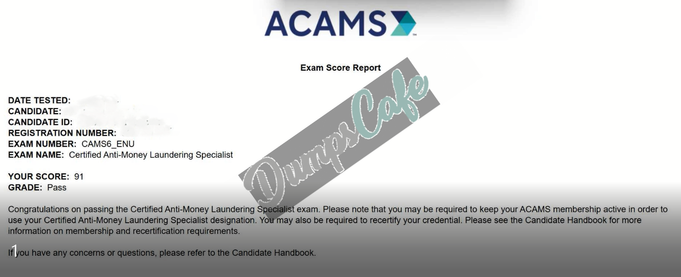 Real exam score card with a passing CAMS grade 1