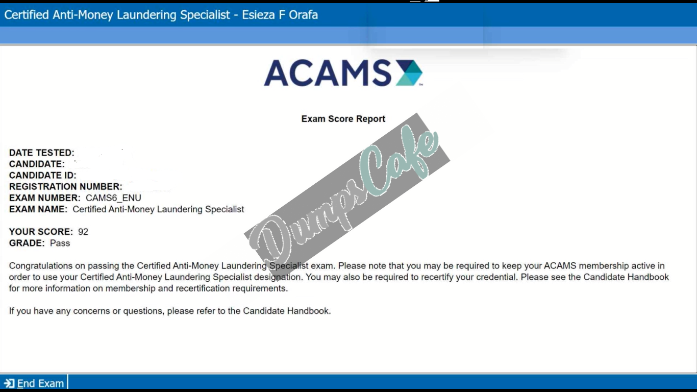 Real exam score card with a passing CAMS grade 3