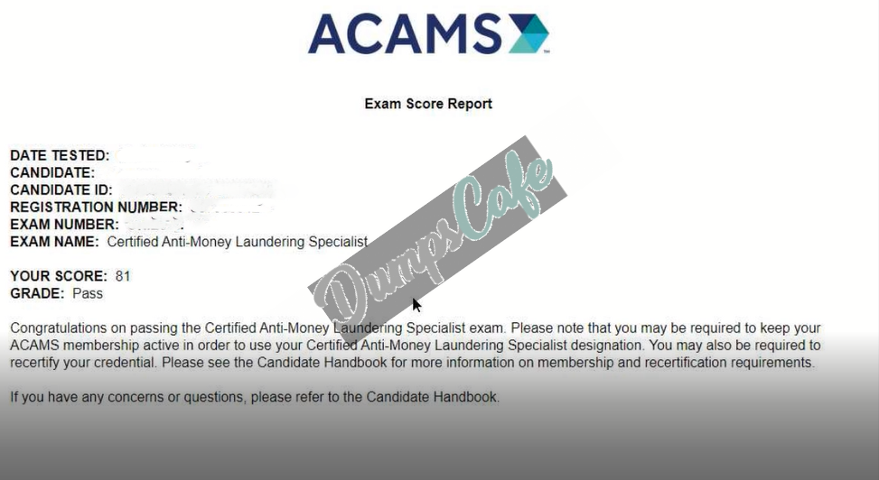 Real exam score card with a passing CAMS grade 2