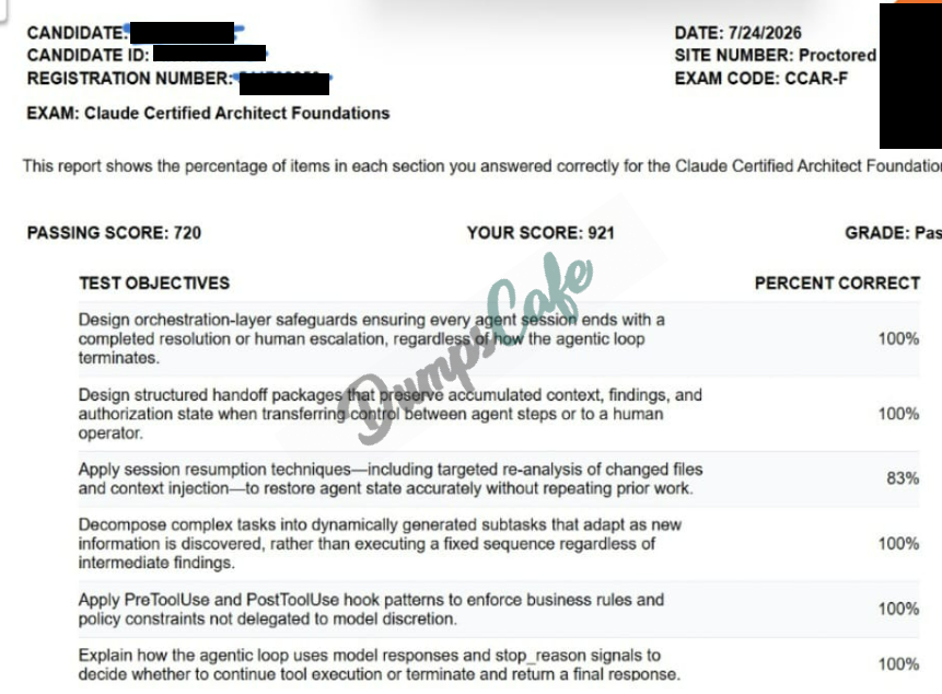 Real exam score card with a passing CCAR-F grade 1