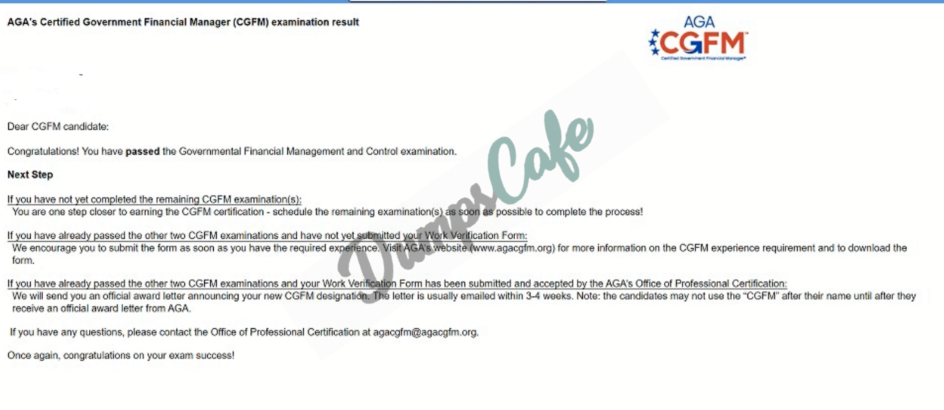Real exam score card with a passing CGFM grade 1