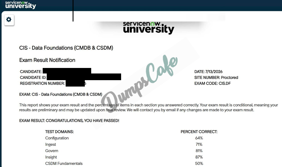 Real exam score card with a passing CIS-DF grade 1