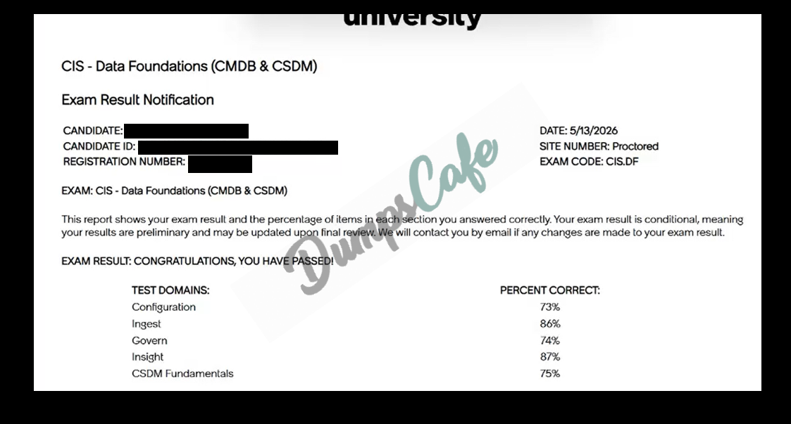 Real exam score card with a passing CIS-DF grade 2
