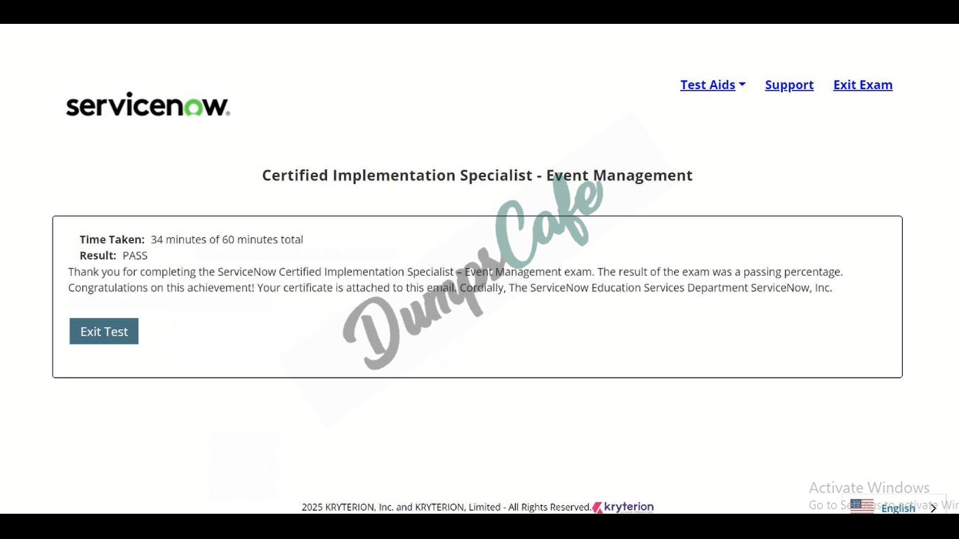 Real exam score card with a passing CIS-EM grade 1