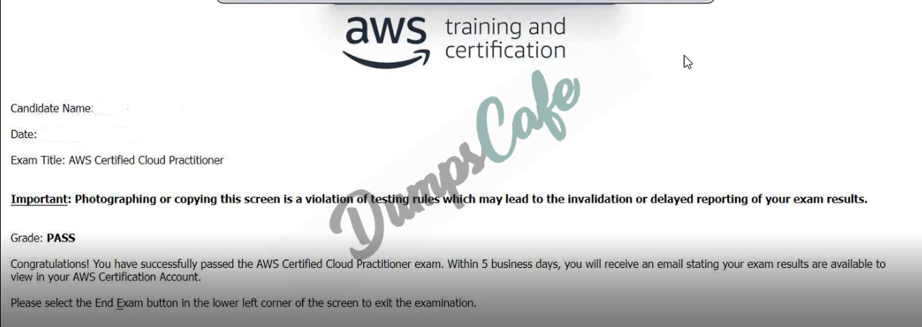 Real exam score card with a passing CLF-C02 grade 3