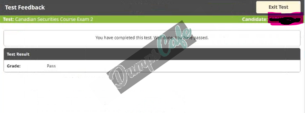 Real exam score card with a passing CSC2 grade 1