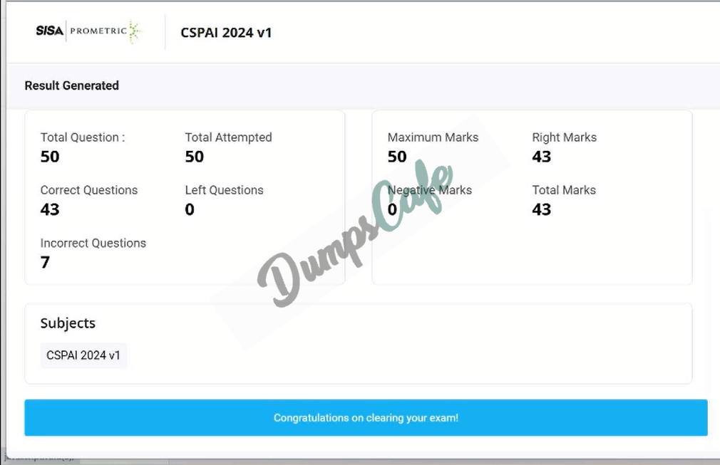 Real exam score card with a passing CSPAI grade 1