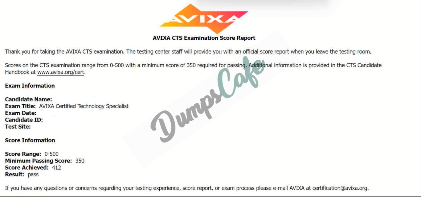 Real exam score card with a passing CTS grade 1
