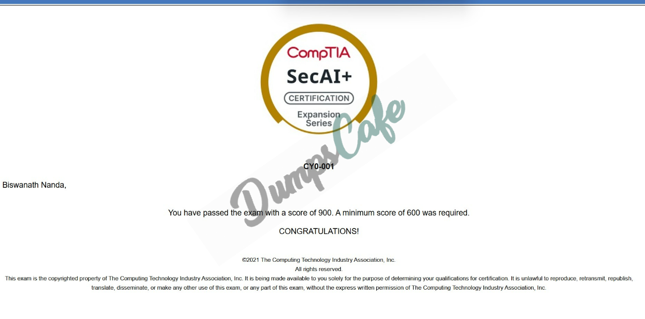Real exam score card with a passing CY0-001 grade 1