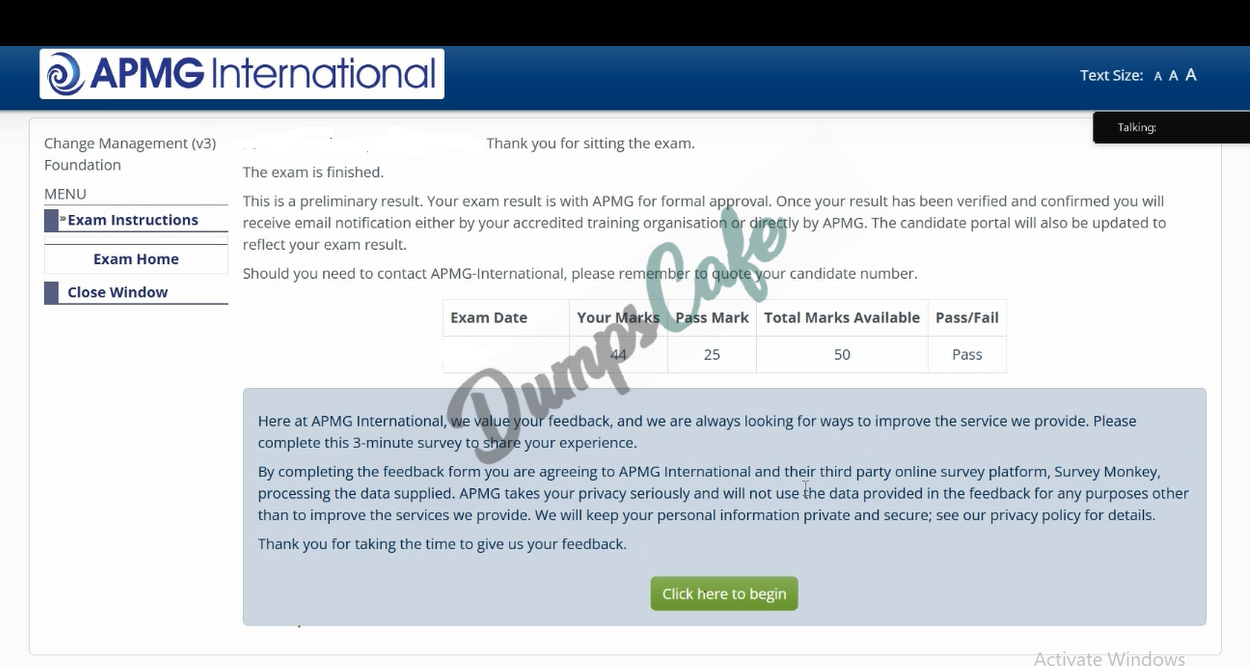 Real exam score card with a passing Change-Management-Foundation grade 1