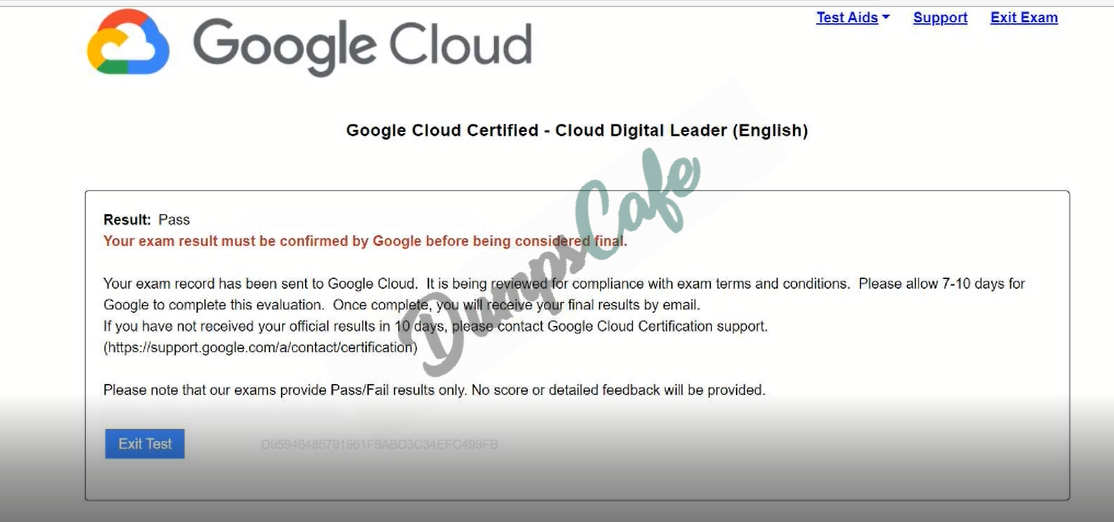 Real exam score card with a passing Cloud-Digital-Leader grade 3