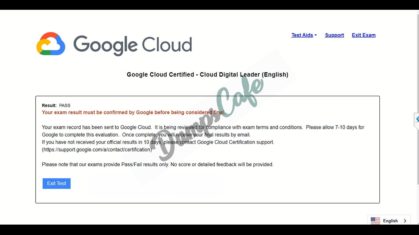 Real exam score card with a passing Cloud-Digital-Leader grade 1