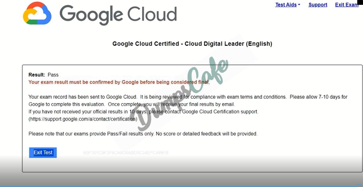 Real exam score card with a passing Cloud-Digital-Leader grade 2