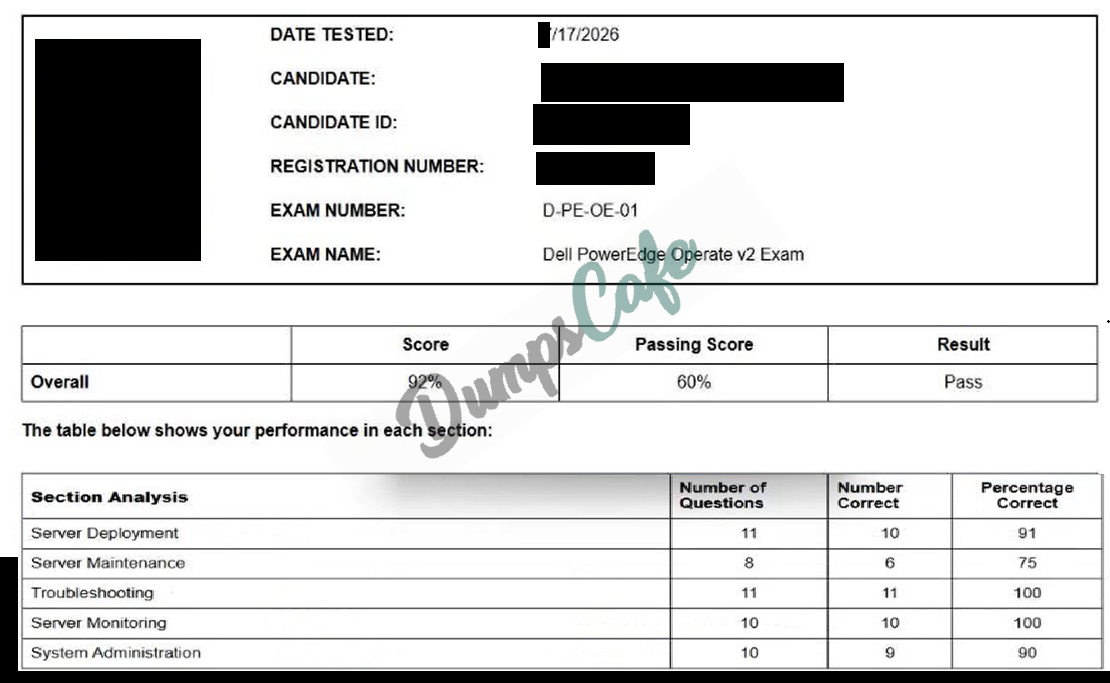 Real exam score card with a passing D-PE-OE-01 grade 1