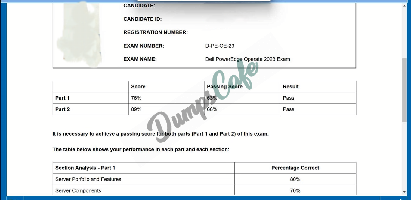 Real exam score card with a passing D-PE-OE-23 grade 1