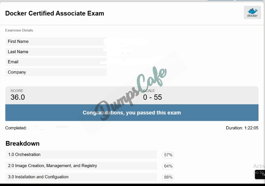 Real exam score card with a passing DCA grade 1