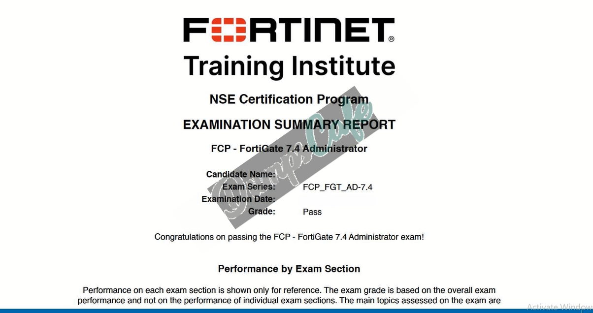 Real exam score card with a passing FCP_FGT_AD-7.4 grade 1
