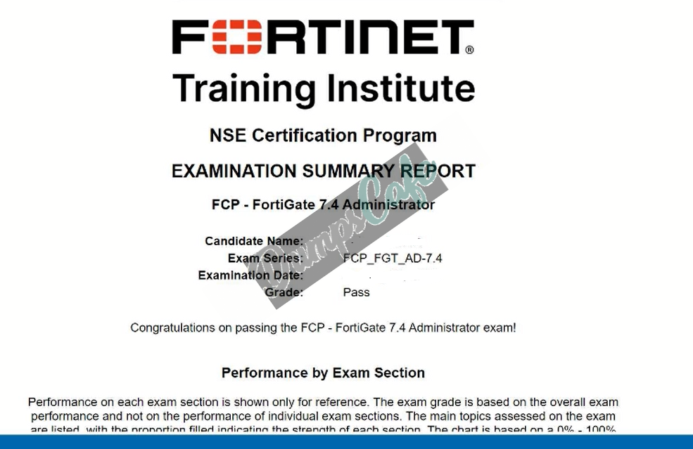 Real exam score card with a passing FCP_FGT_AD-7.4 grade 3