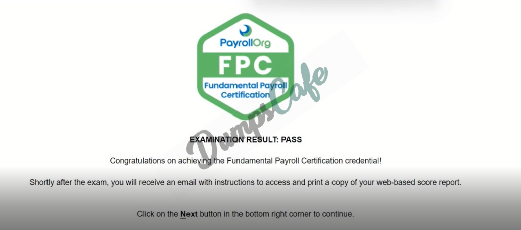 Real exam score card with a passing FPC-Remote grade 1