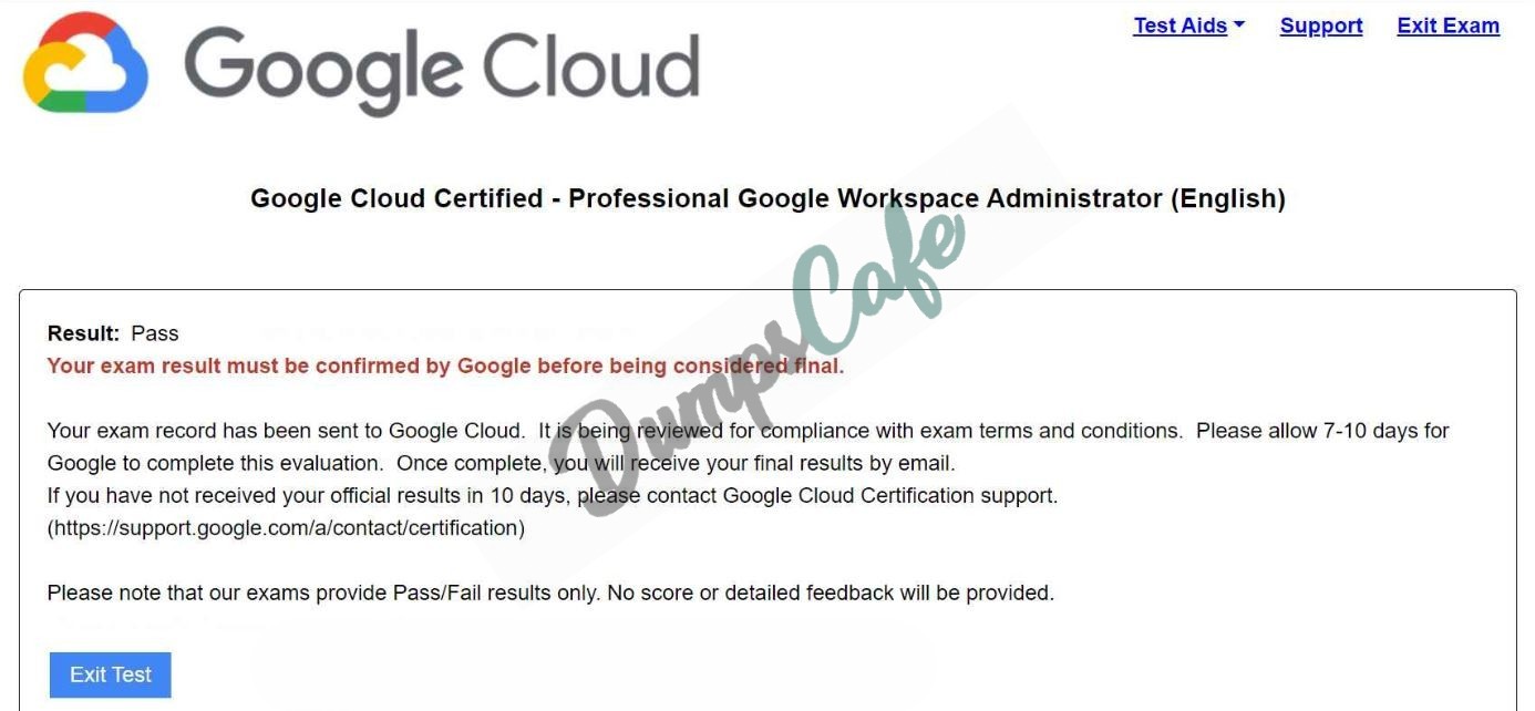 Real exam score card with a passing Google-Workspace-Administrator grade 1