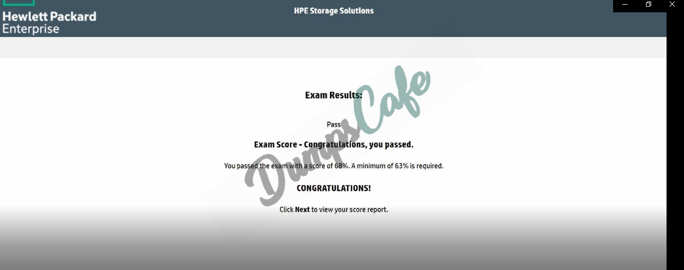 Real exam score card with a passing HPE0-J68 grade 1