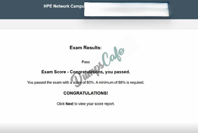 Real exam score card with a passing HPE6-A85 grade 1