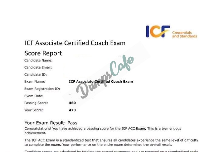 Real exam score card with a passing ICF-ACC grade 1