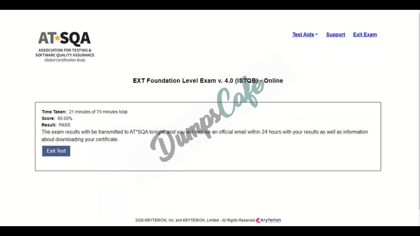 Real exam score card with a passing ISTQB-CTFL grade 2