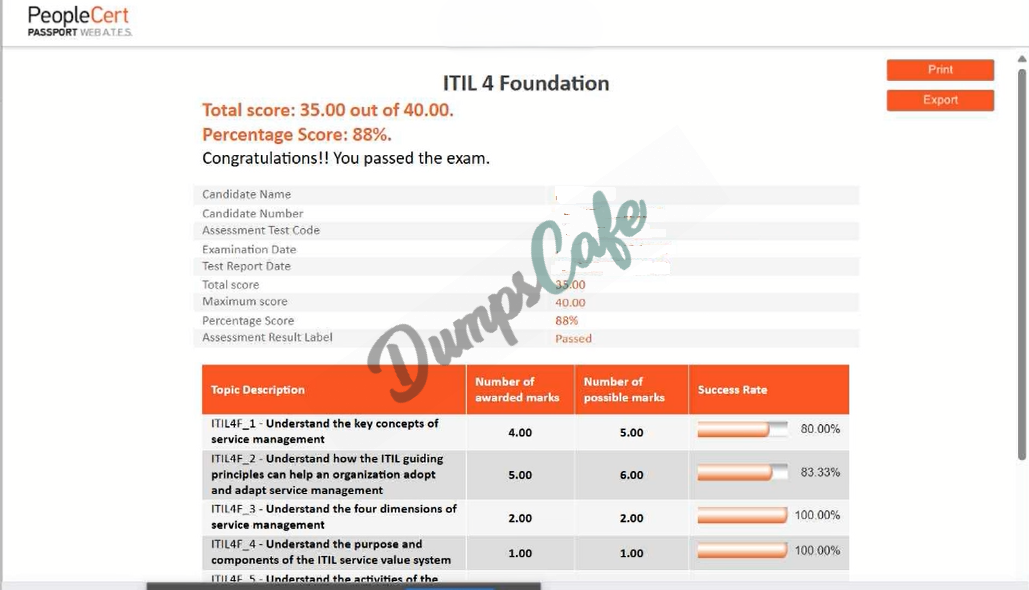 Real exam score card with a passing ITIL-4-Foundation grade 1