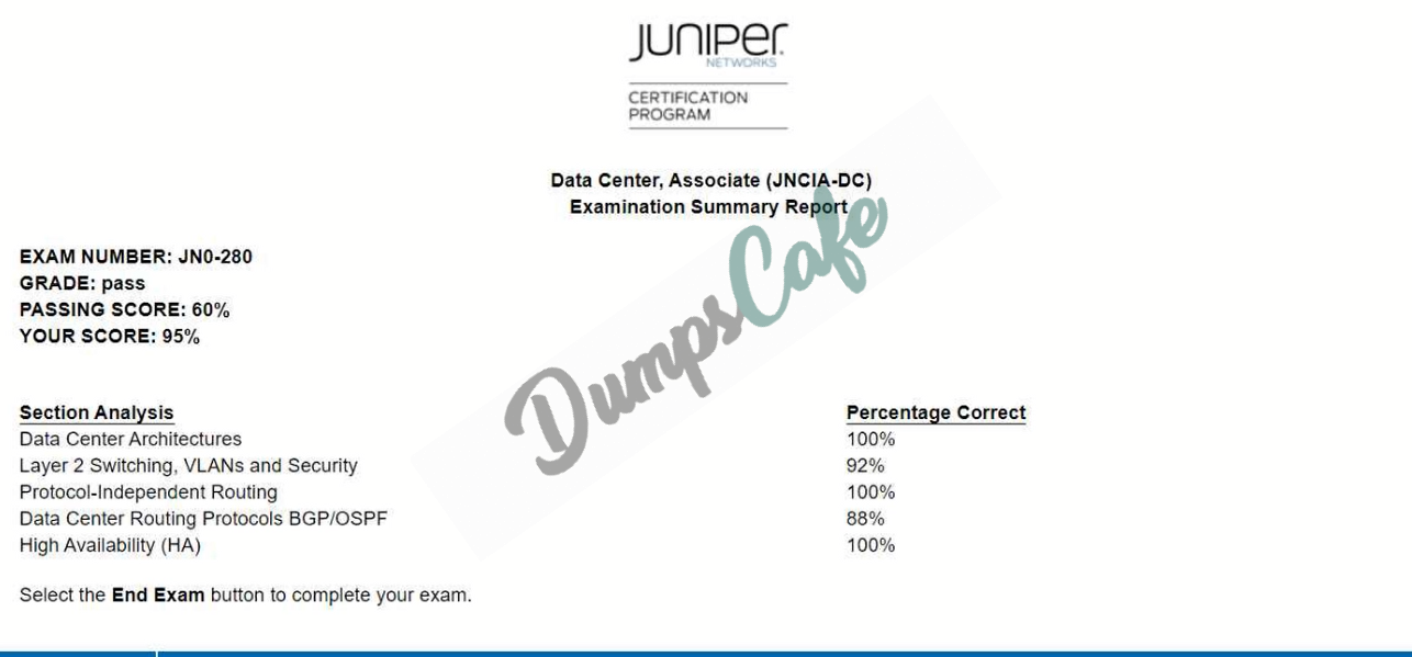 Real exam score card with a passing JN0-280 grade 2