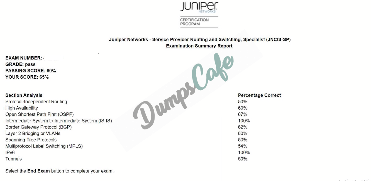 Real exam score card with a passing JN0-363 grade 1