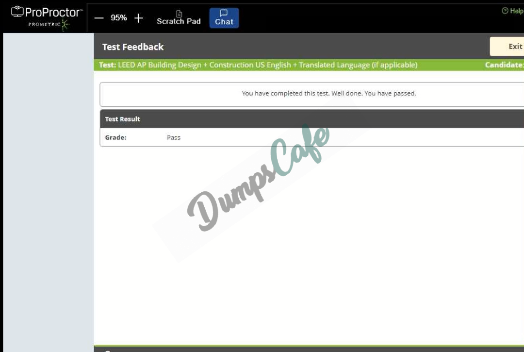 Real exam score card with a passing LEED-AP-BD+C grade 2