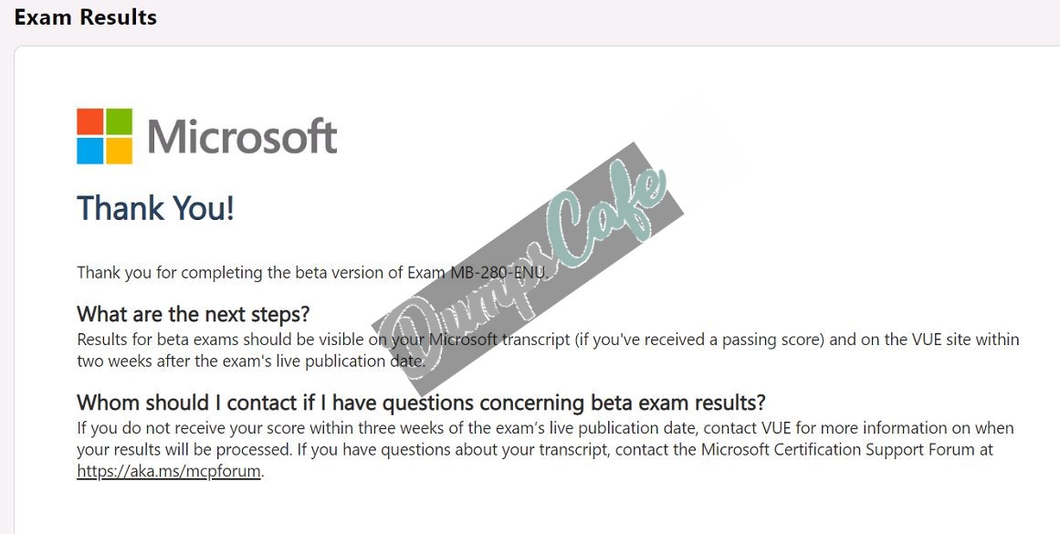 Real exam score card with a passing MB-280 grade 1