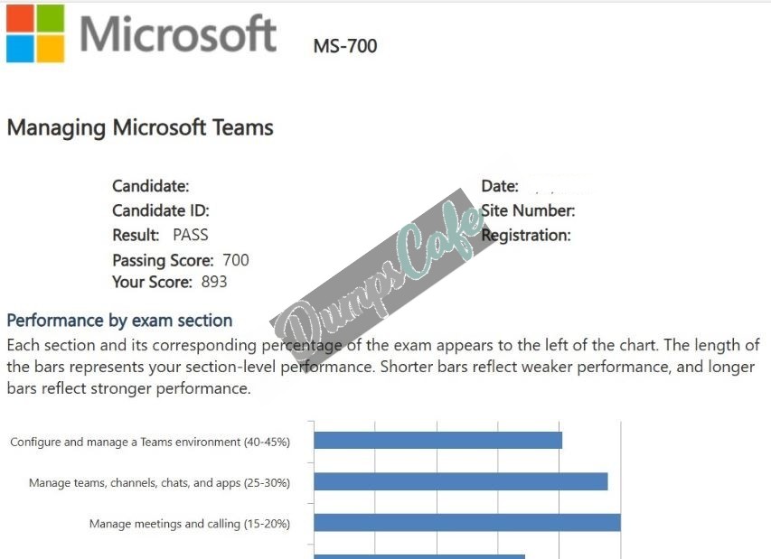 Real exam score card with a passing MB-700 grade 1